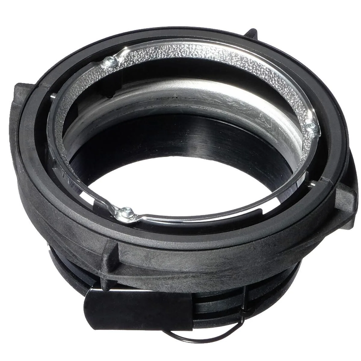 Black metal ring adapter connecting Elinchrom modifiers to Profoto strobes