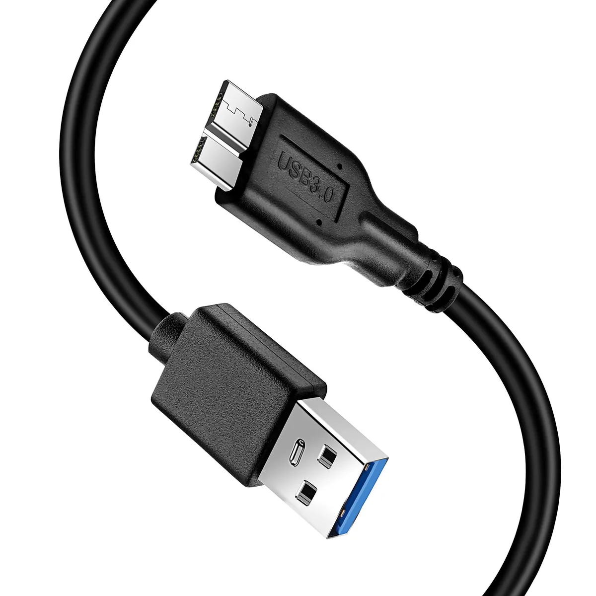 Short black USB 3.0 A-to-Micro-B cable with gold connectors