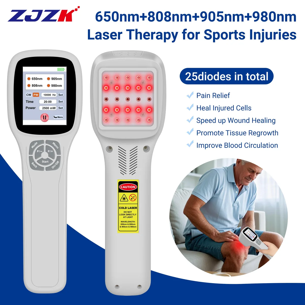ZJZK ZJZK PMW2500 Cold Laser Therapy Device 25 Diodes 650nm 808nm 905nm 980nm 2.8" Touch Screen Home Health Care — product photo