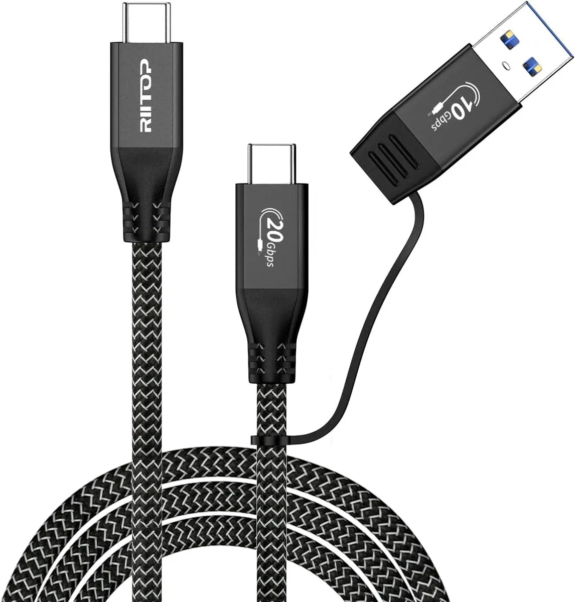 RIITOP RIITOP USB 3.2 C to C Cable 20Gbps 3.3ft Braided with C-A Adapter PD 100W 4K 60Hz — product photo