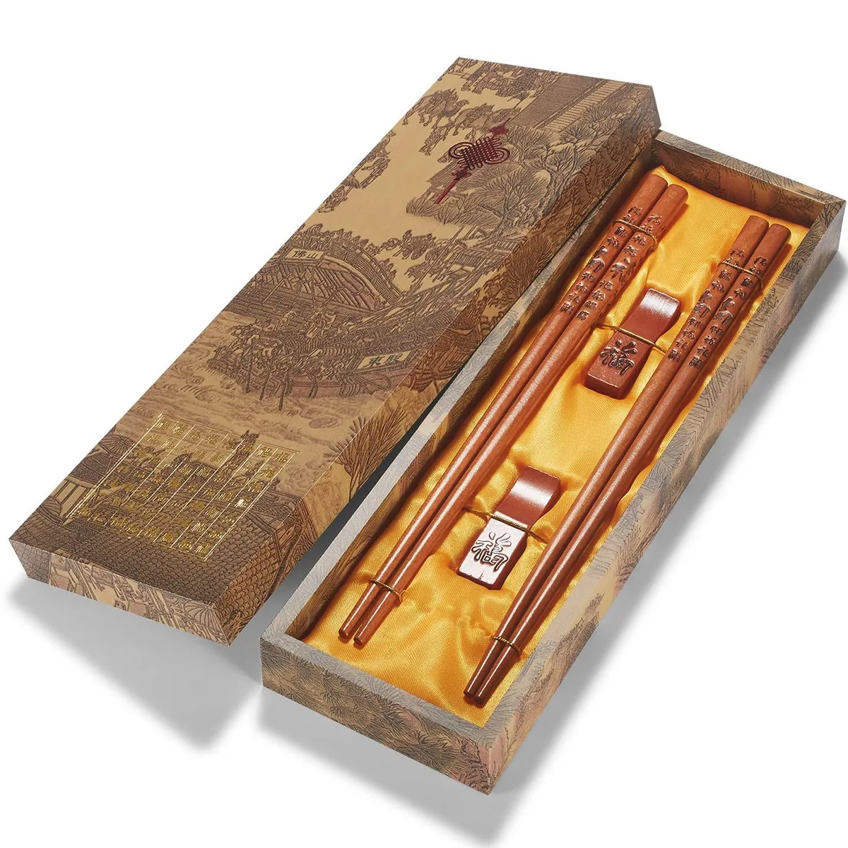 Two pairs of natural wood chopsticks with matching holders in a cloth bag