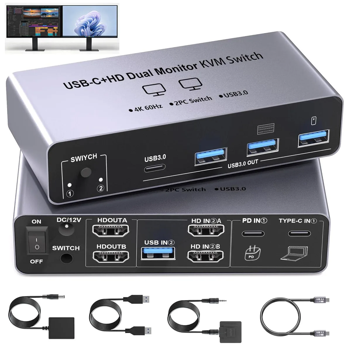 IHDAPP IHDAPP USB-C+HDM KVM Switch 2 Monitors 2 Computers 8K@60Hz 4K@144Hz 100W PD — product photo