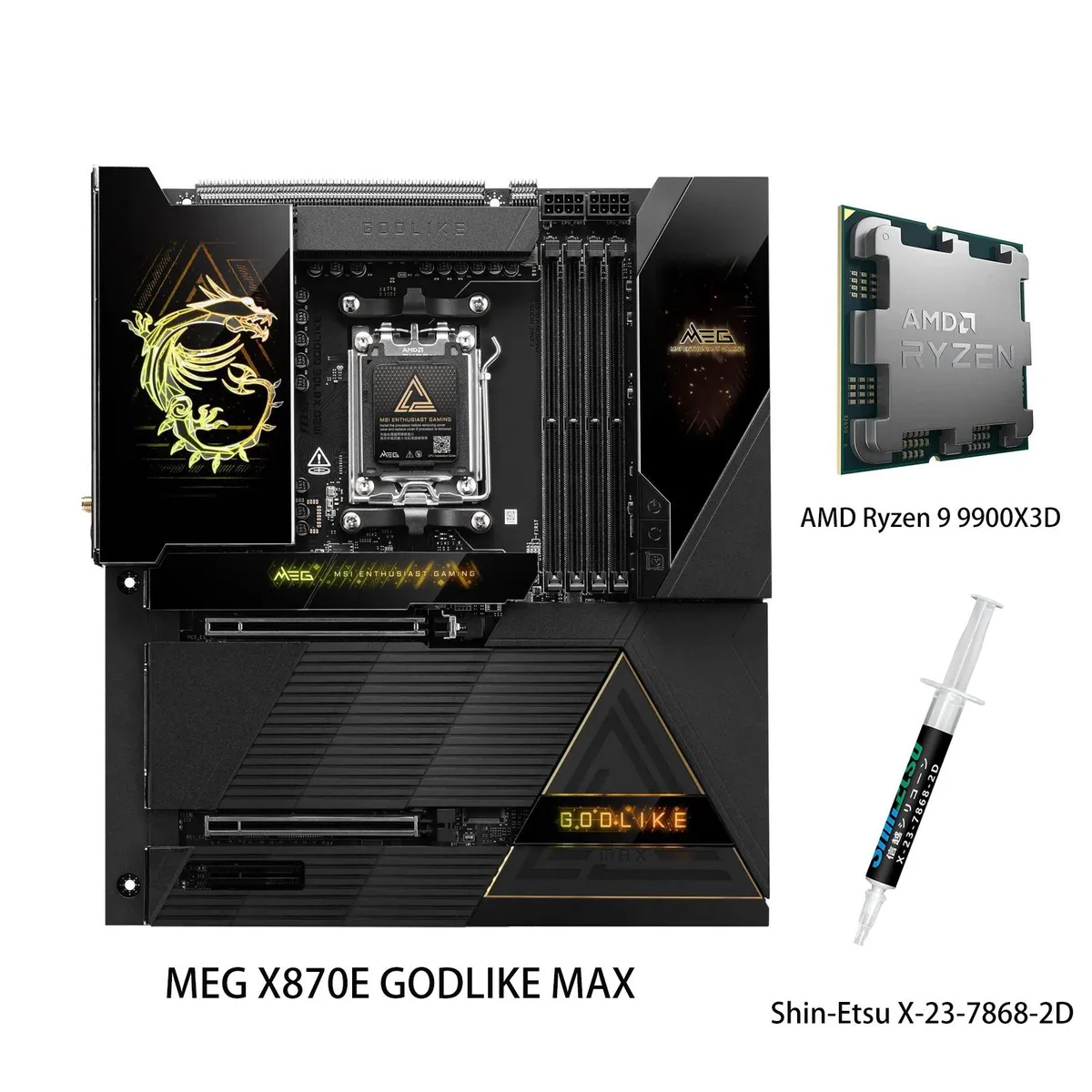 MSI MSI MEG X870E GODLIKE MAX + Ryzen 9 9900X3D AMD motherboard CPU combo — product photo