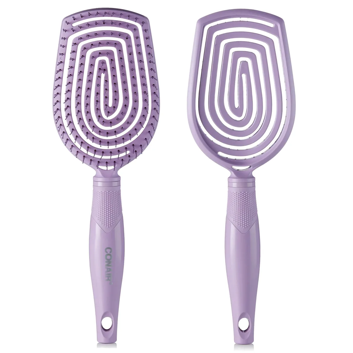 Wide paddle hairbrush with flexible head and dual flex bristles