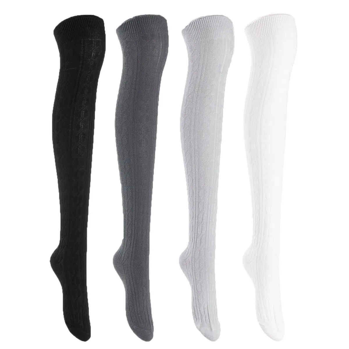 Four pairs of multicolour thigh-high cotton socks folded together