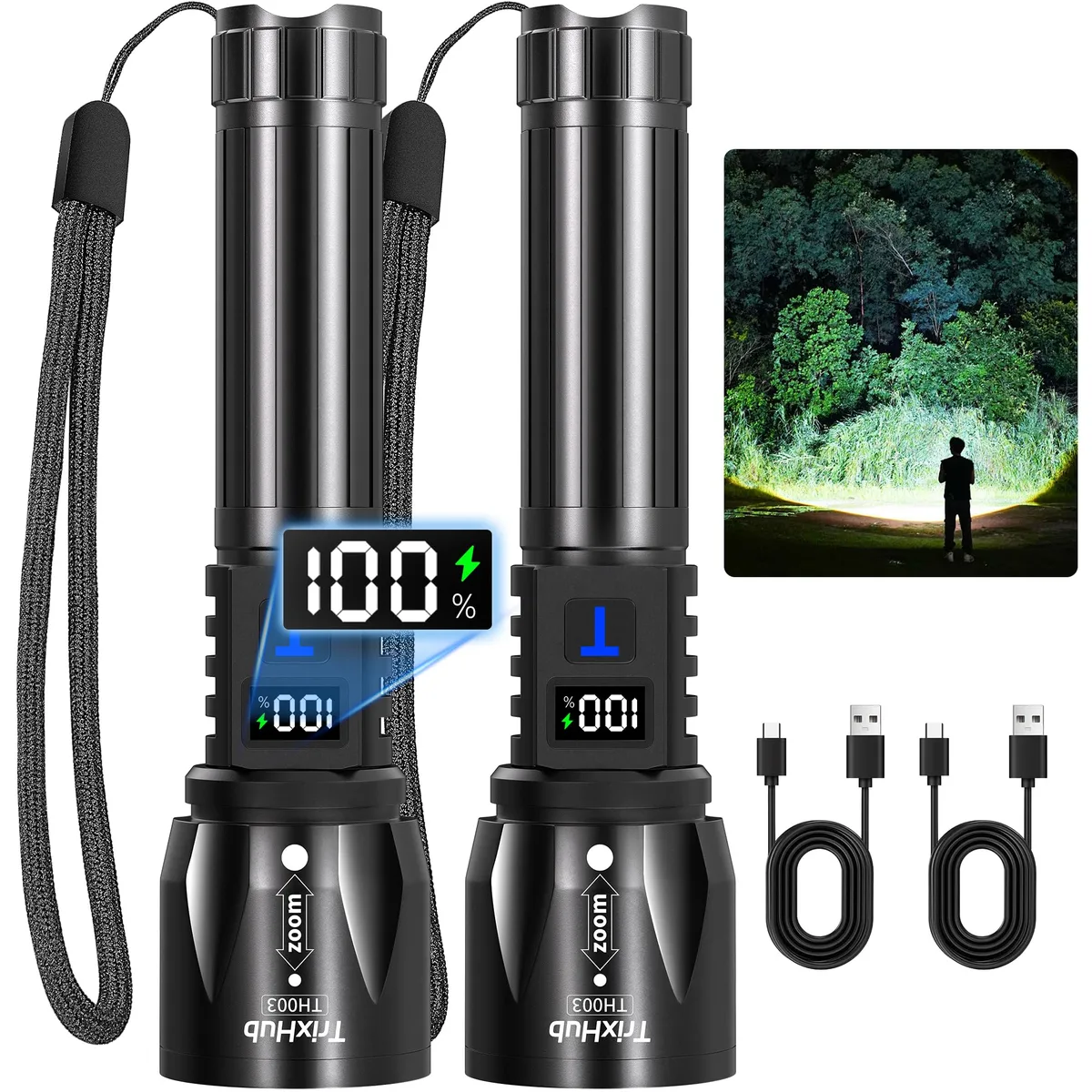 Two compact aluminium flashlights with LCD screens and USB-C ports