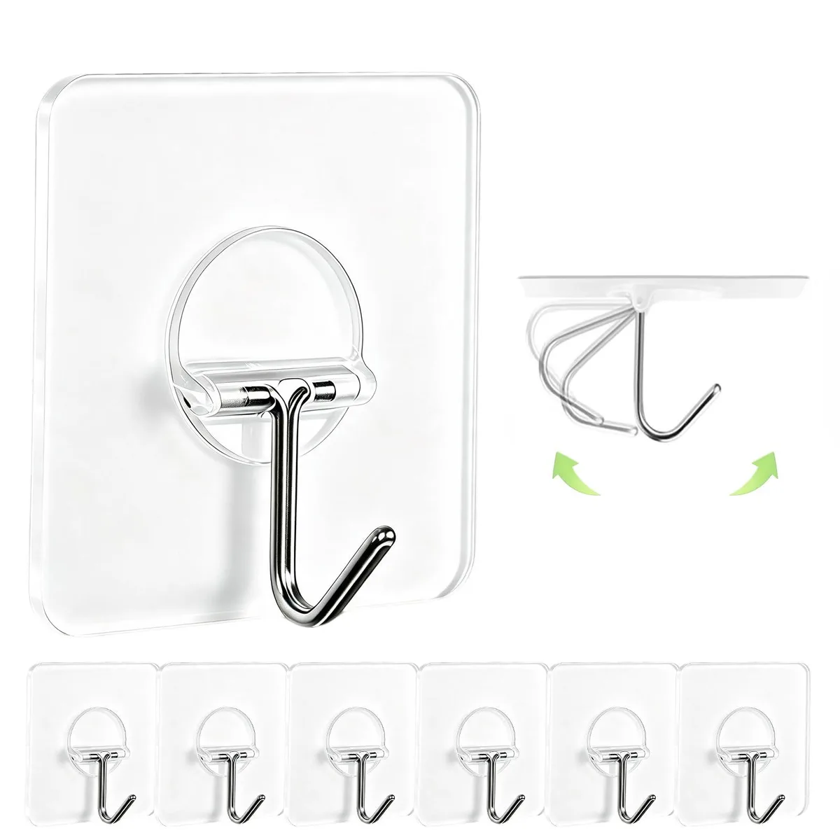 Eight clear stainless steel and PVC wall hooks with polished finish and adhesive pads