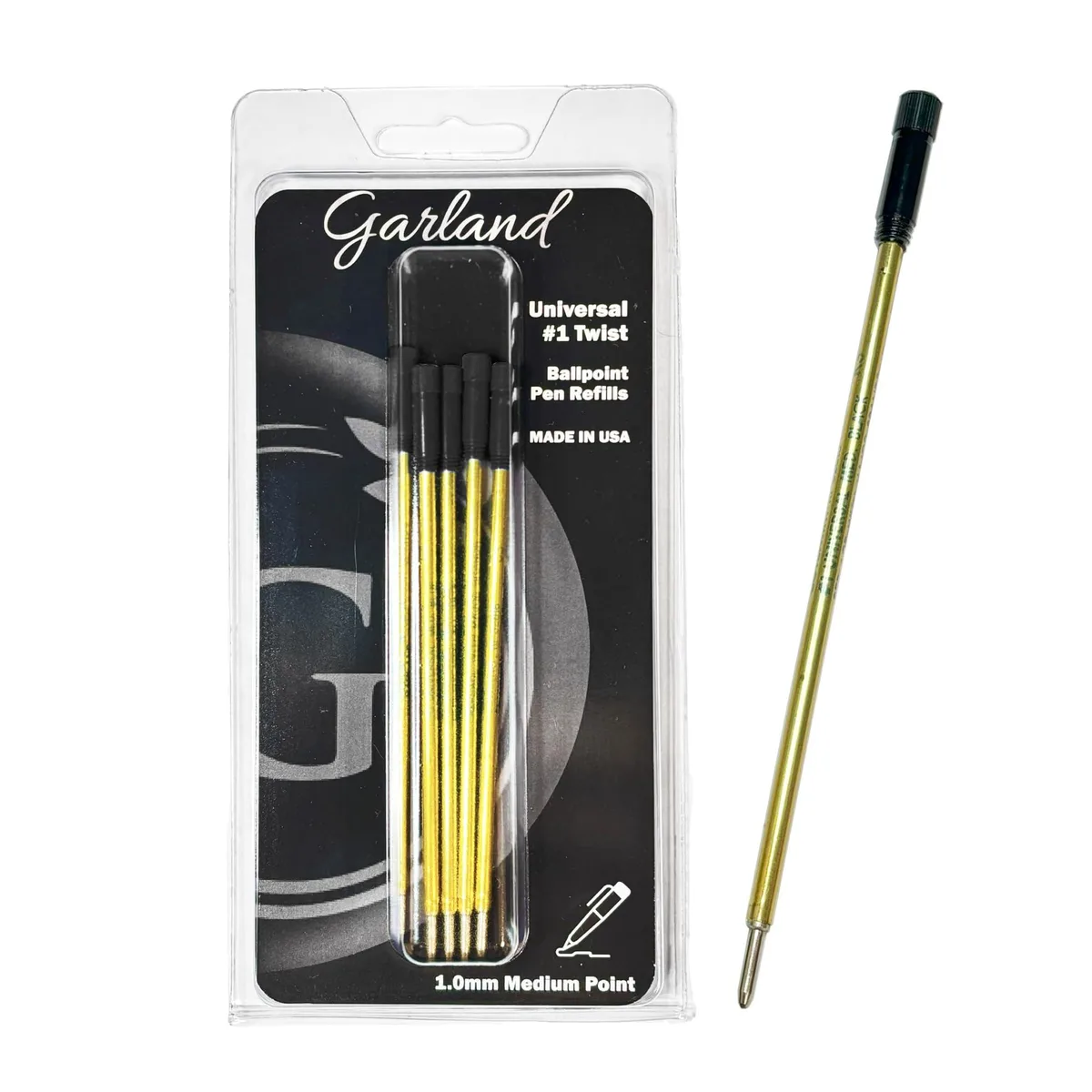 Five black ballpoint refills in a clear pack