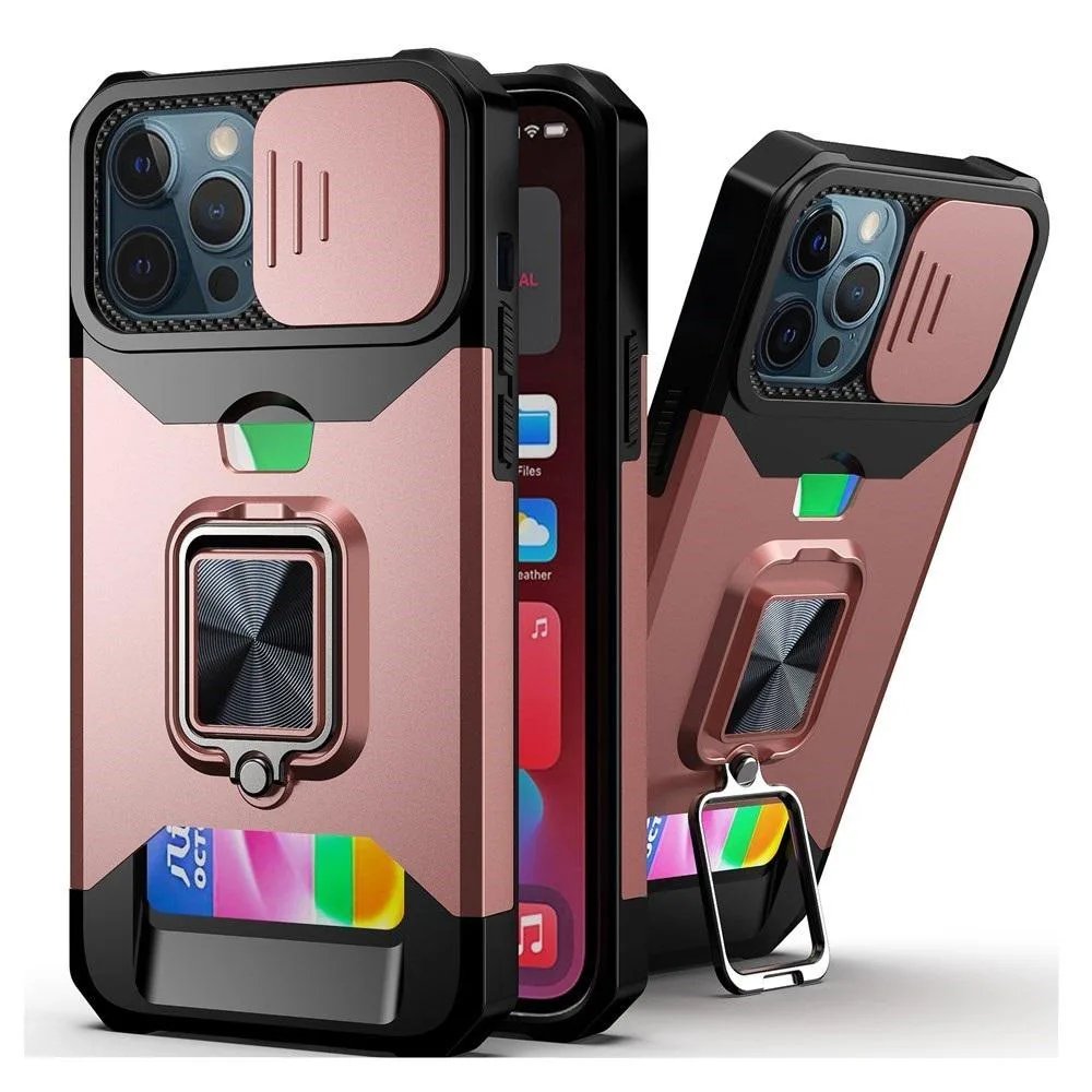 GazeKu GazeKu Rugged Armor Case with Ring Kickstand Slide Lens Cover Card Slot Rose Gold iPhone 13 — product photo