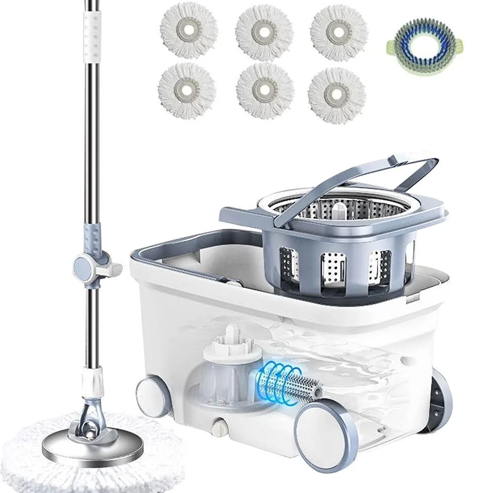 White spin mop bucket on four wheels with stainless steel handle and six microfiber heads