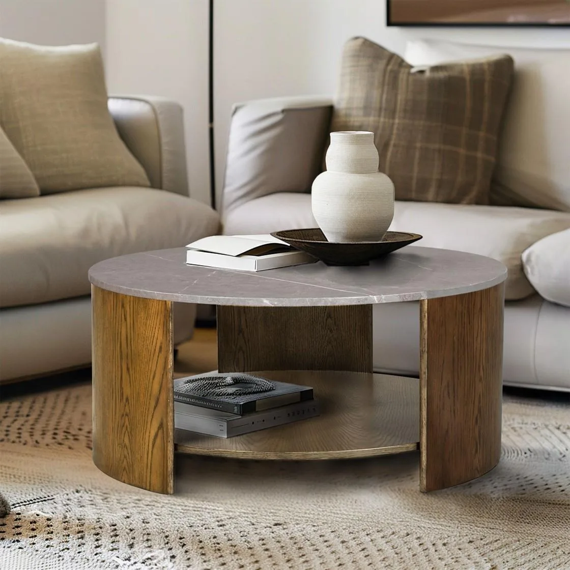 Round coffee table with faux marble top, oak MDF lower shelf, curved legs