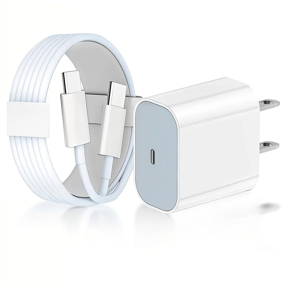 White USB-C power adapter cube with matching 3.3ft cable
