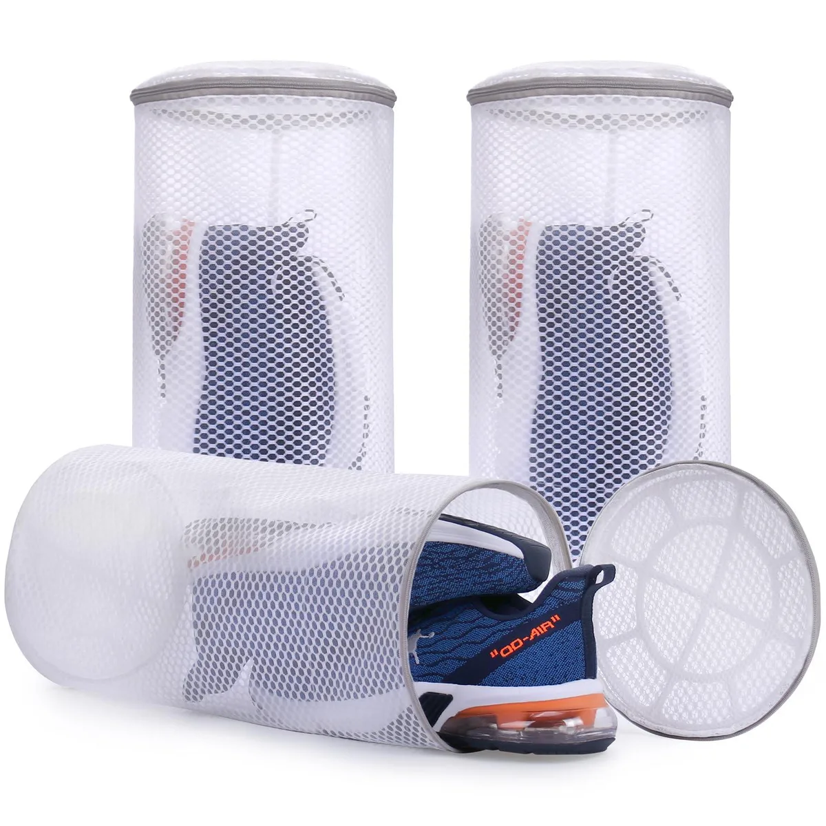 Three white honeycomb mesh shoe bags with zippers, rectangular cube shape