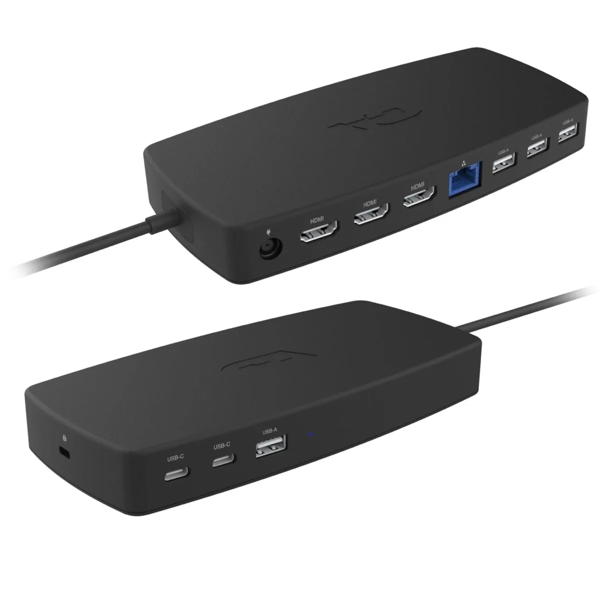 Rectangular silver USB-C docking station with front ports and short attached cable
