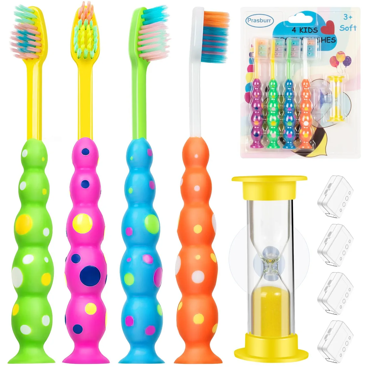 Four colourful children's toothbrushes with suction cup handles and a sand timer