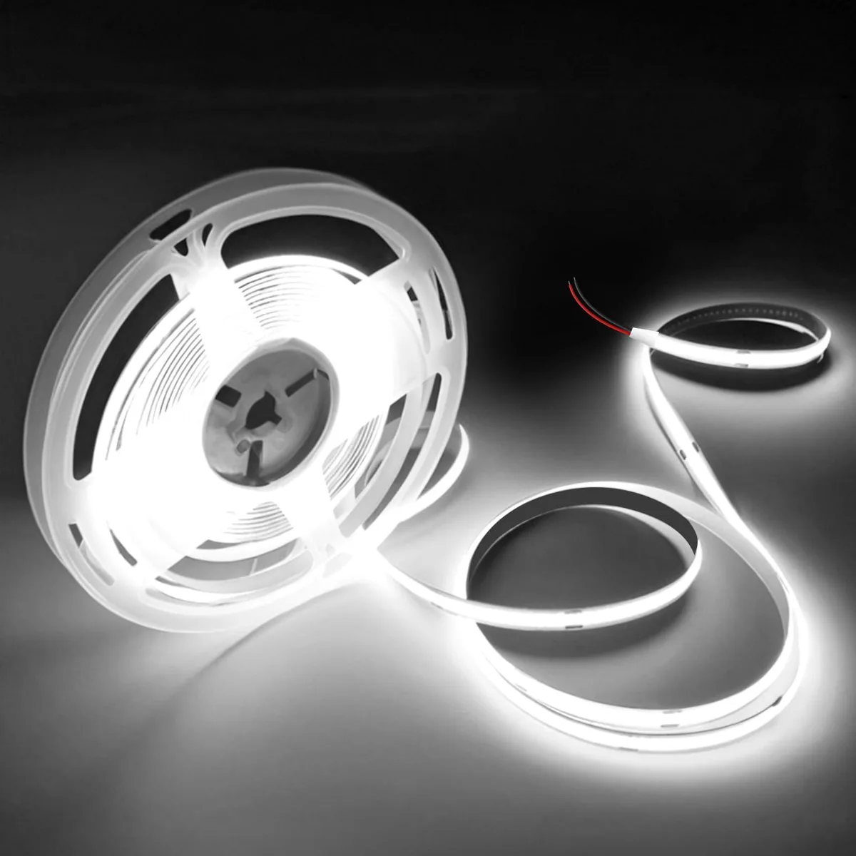 White flexible COB LED tape, 16.4ft reel, 6000K daylight finish