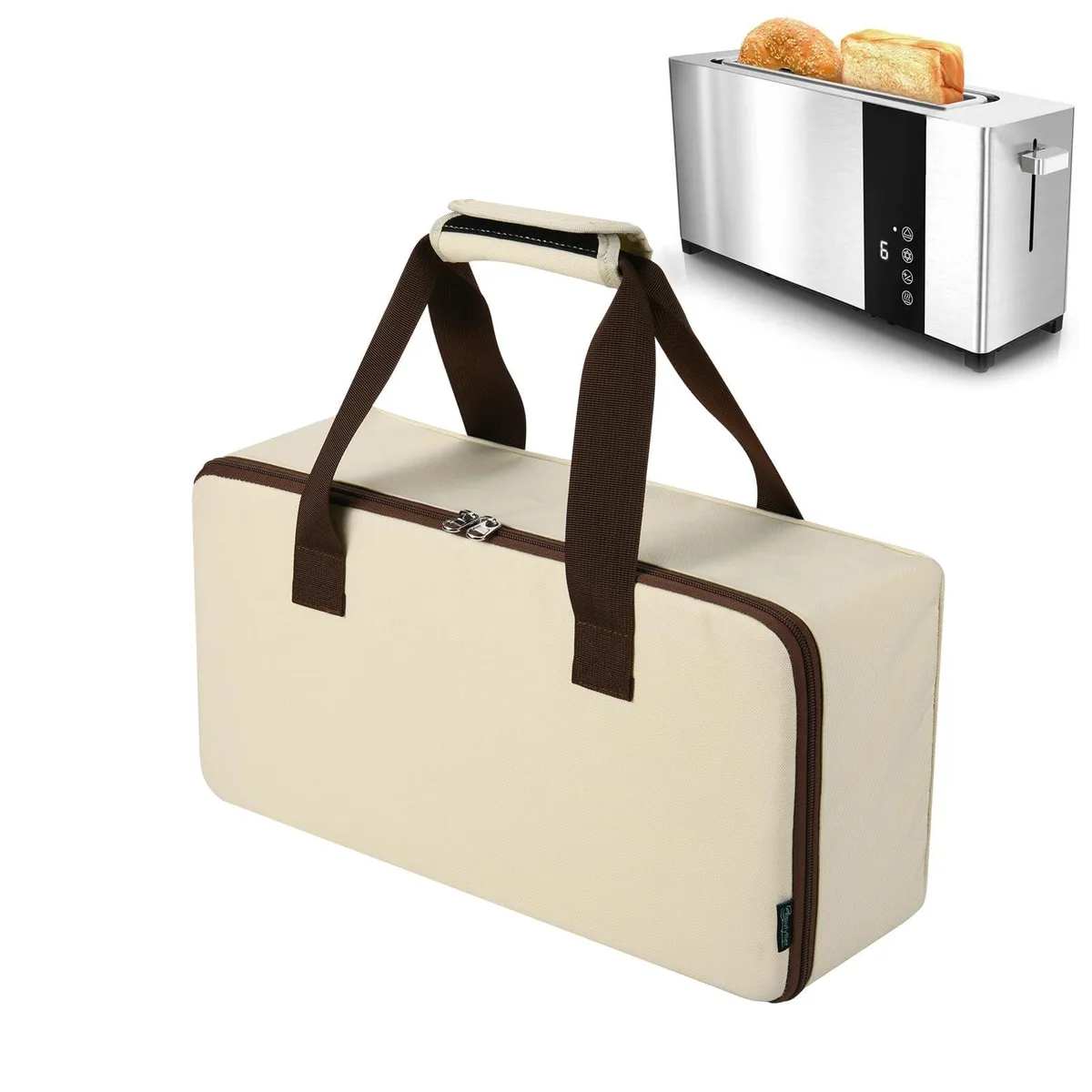 Black rectangular nylon bag with zipper and hand strap for 2-slice toaster