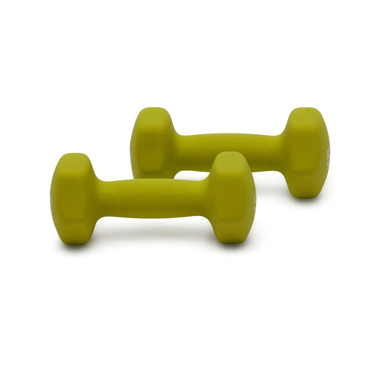 Pair of green neoprene hex dumbbells with cast iron handles