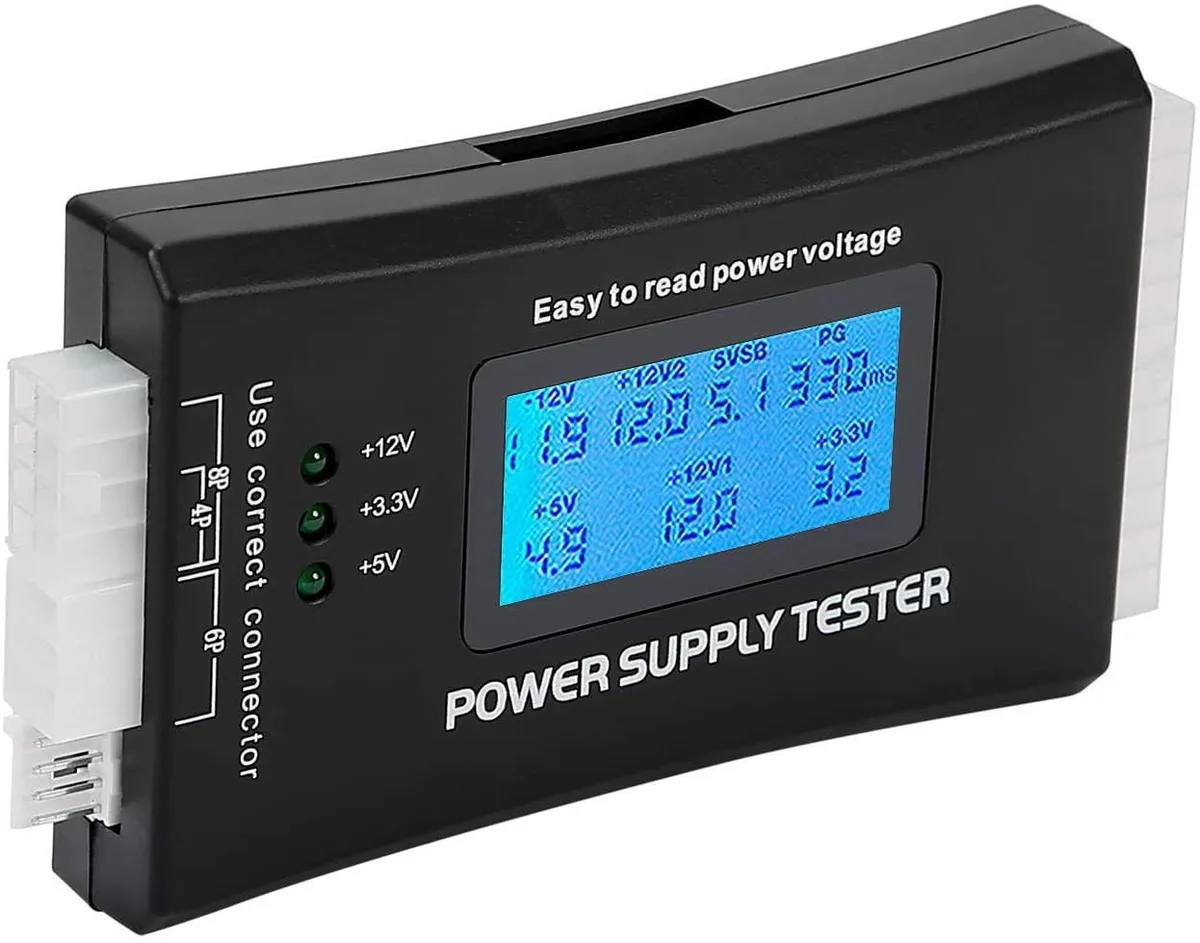 Black rectangular LCD power supply tester with 20+4 pin connector, 4.75 x 2.5 inches