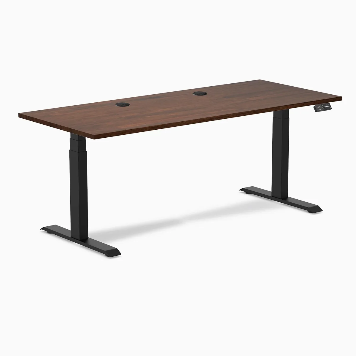 Desky Desky Dual Rubberwood Sit Stand Desk Red Walnut 72 x 30 inches Grommets Matte Black office furniture — product photo