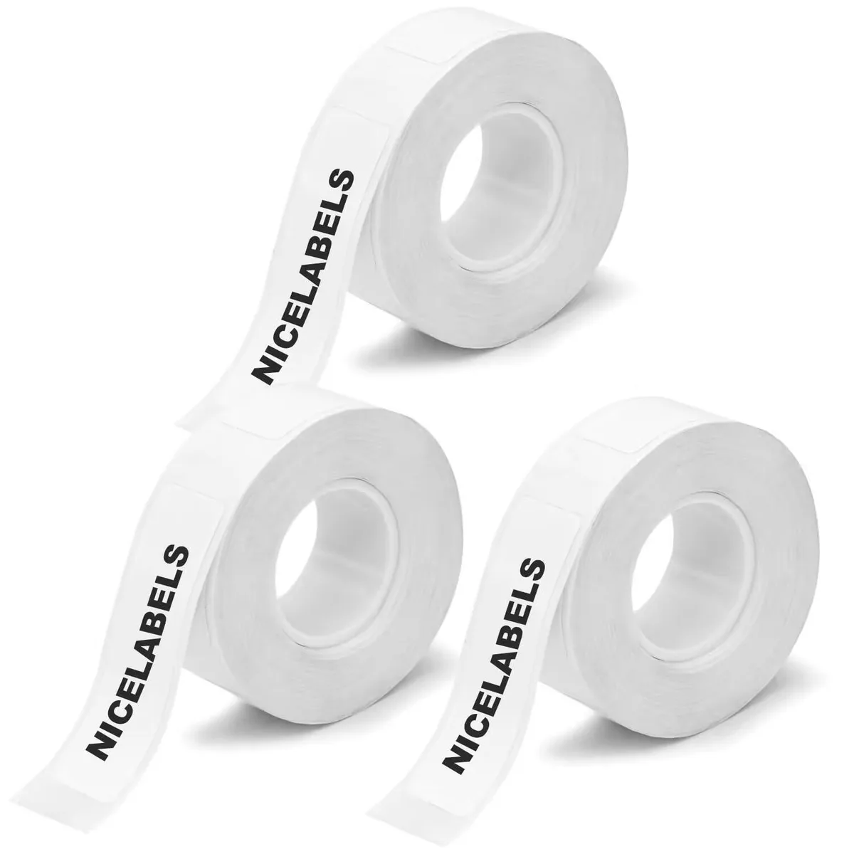 Three rolls of bright white die-cut thermal label tape 12mm by 40mm