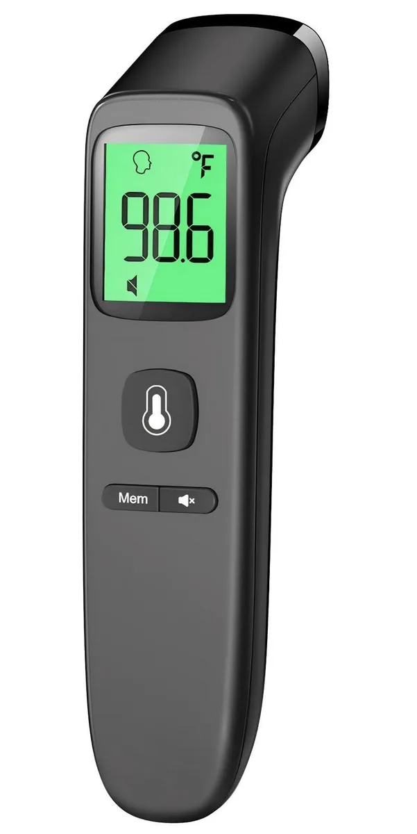 Black non-contact forehead thermometer with backlit display and one-button control