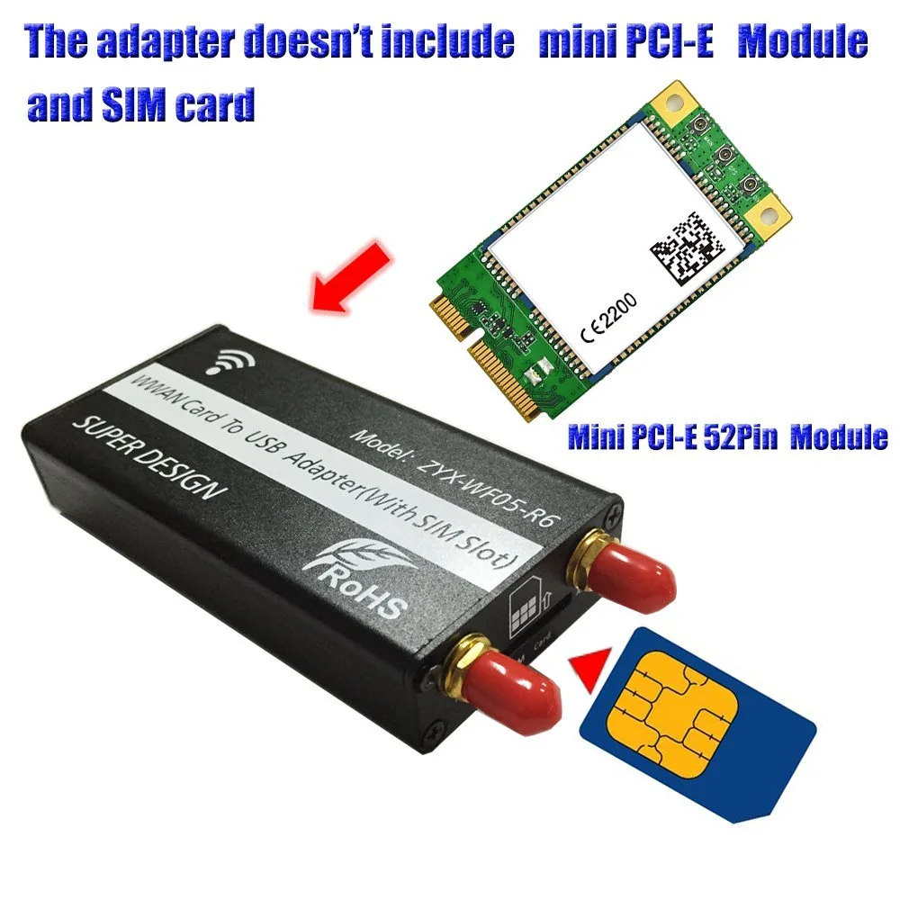TeKit TeKit Mini PCIe to USB Adapter with SIM Slot & Antenna for WWAN/LTE — product photo