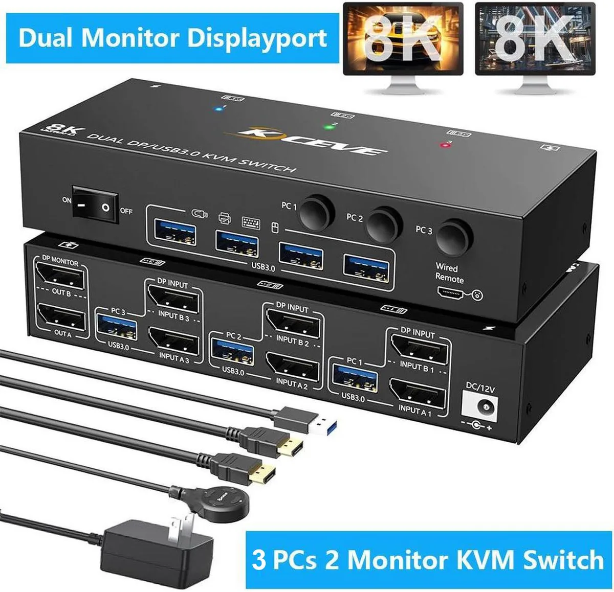 Hitoor Hitoor Dual Monitor DisplayPort KVM Switch 3 PC 2 Monitors 8K@30Hz 4K@144Hz 4 USB 3.0 Wired Remote — product photo