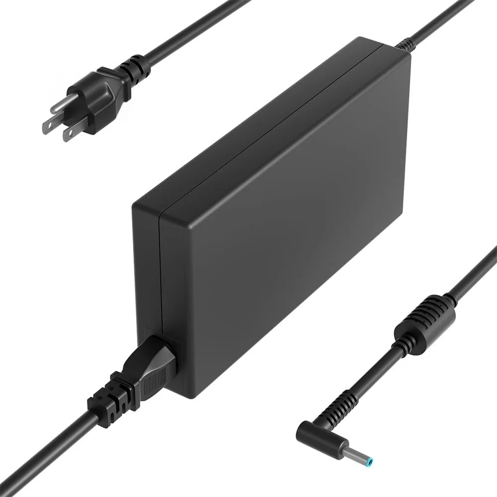 Black rectangular power brick with blue-tip barrel connector and detachable cord