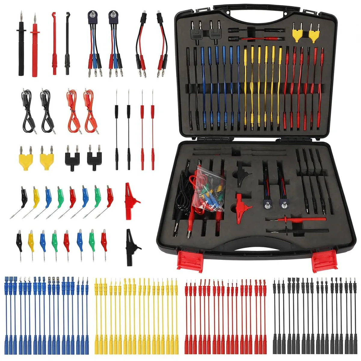 Open black case holding 110-piece automotive test lead kit with probes and clips