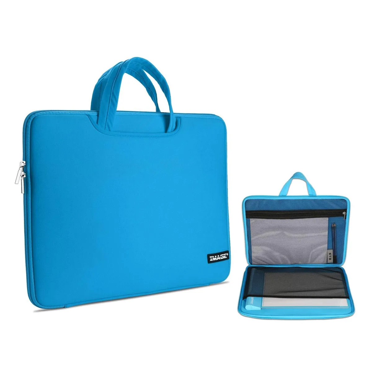 Blue fabric carrying case with zip closure and external pockets for A4 light box and accessories