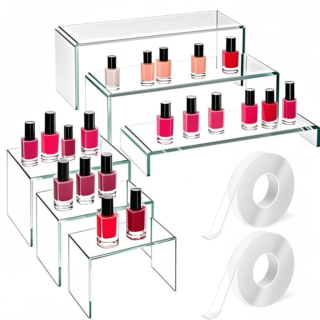 Six clear acrylic display stands of varying heights on a flat surface