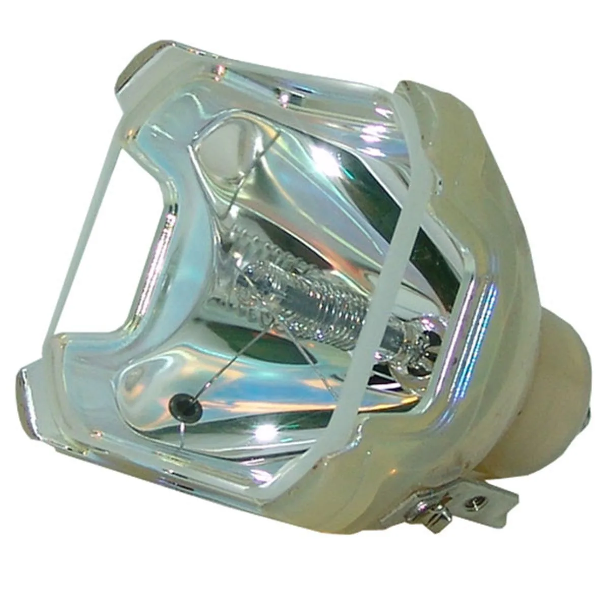 Bare projector lamp bulb, clear glass envelope with metal base