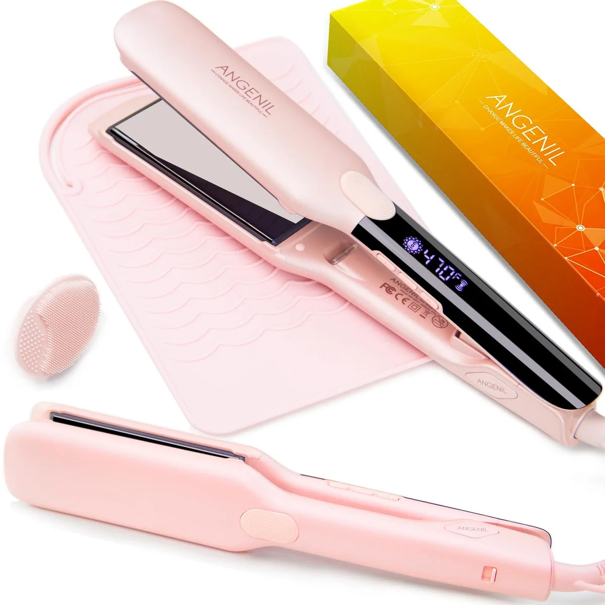 Pink titanium flat iron with 1.75-inch floating plates, LCD display and swivel cord