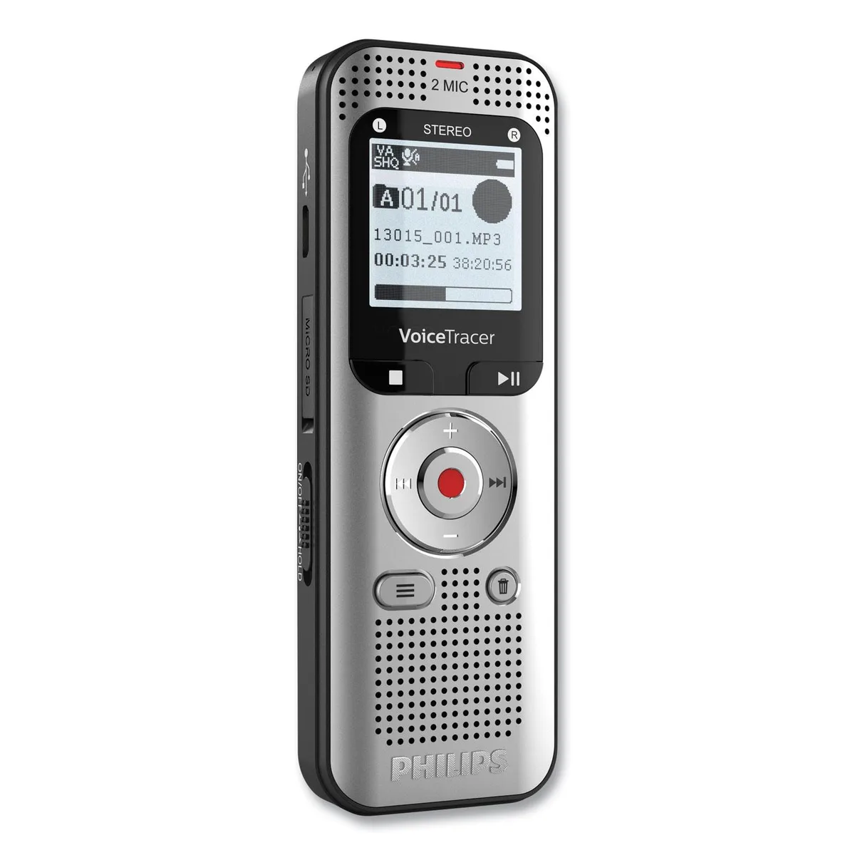 Small rectangular voice recorder with front LCD screen and stereo microphones on top
