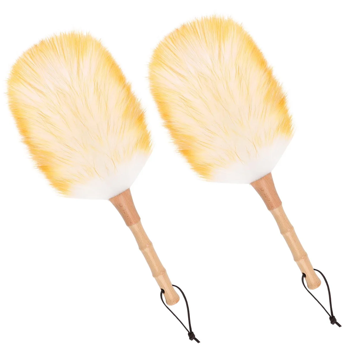 Two natural lambswool dusters with wooden handles and leather straps, 14.9 inch each