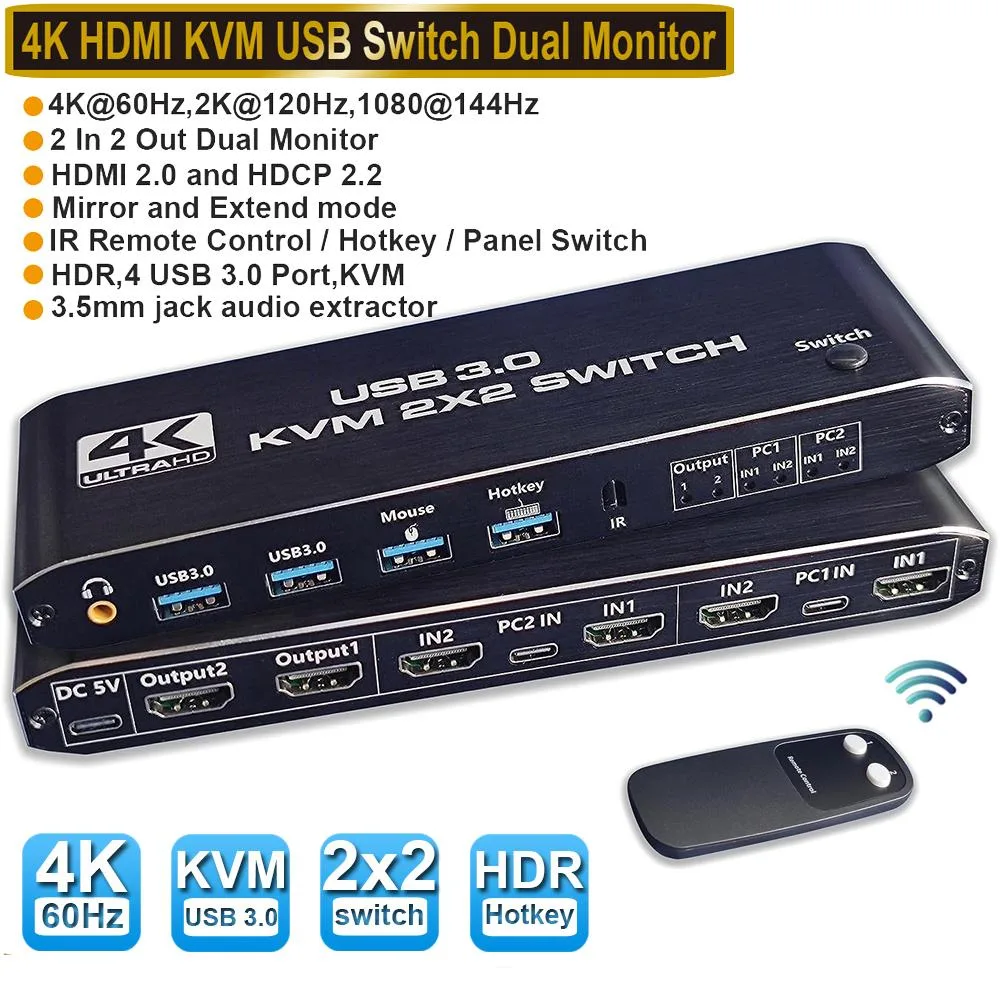 AUTYUE AUTYUE Dual Monitor HDMI KVM Switch 2 PC 2 Monitor 4K 60Hz USB 3.0 Audio Remote — product photo