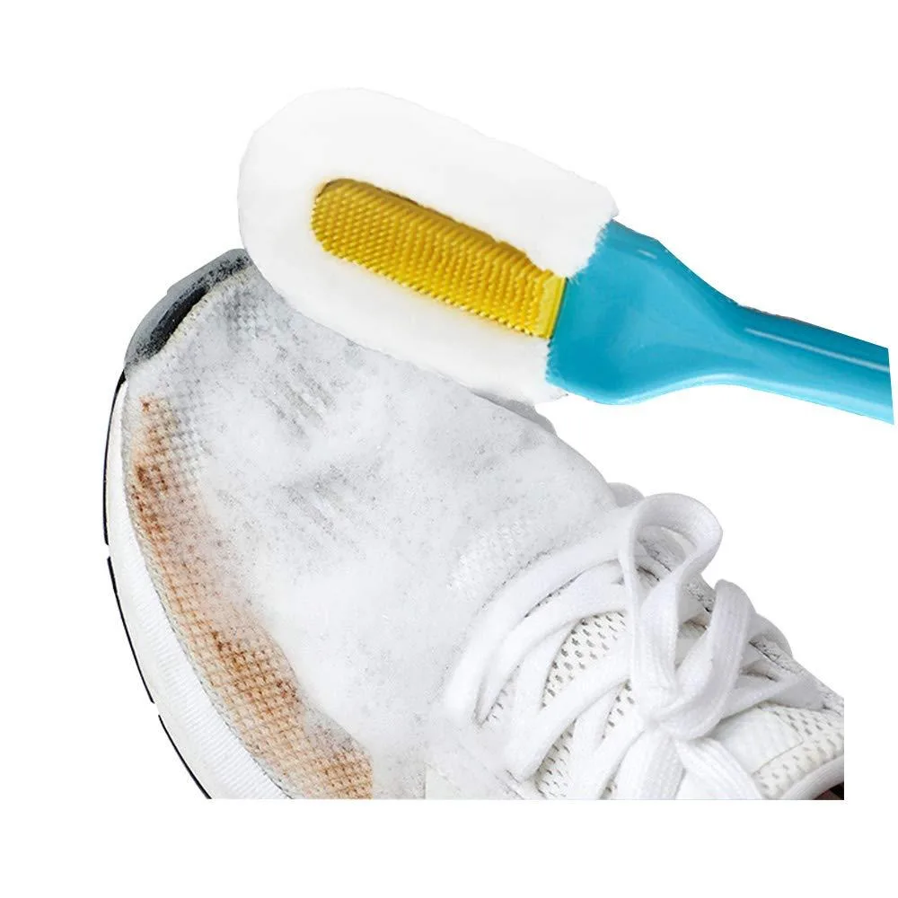 Yellow shoe brush with long handle and U-shaped head