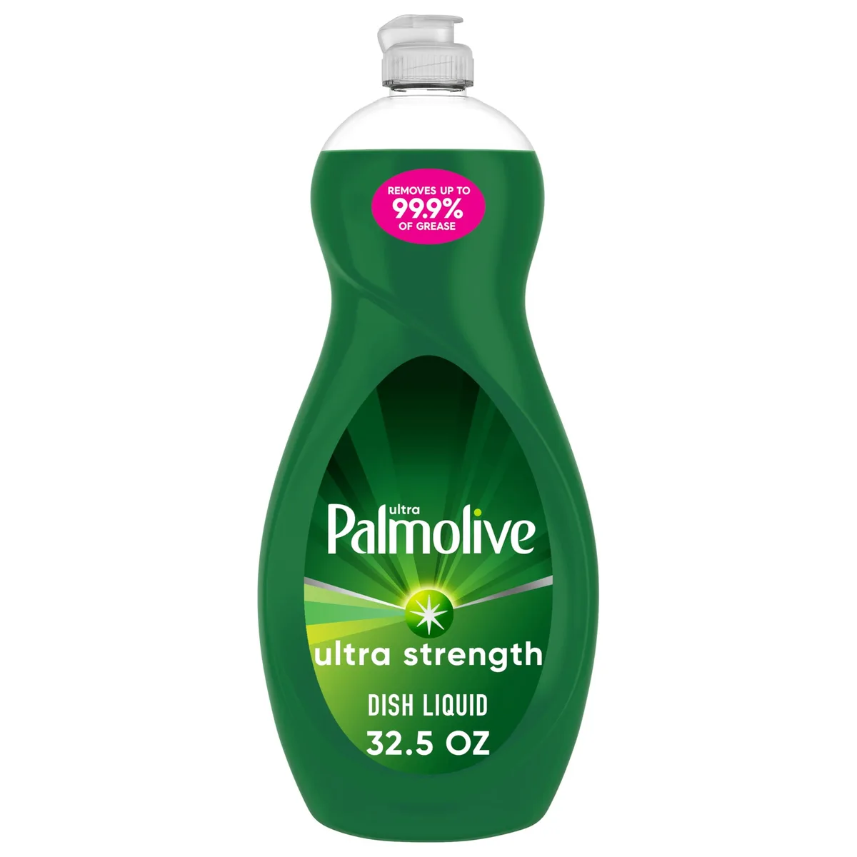 White plastic bottle of green liquid dish soap, 32.5 fl oz, standing upright with orange cap