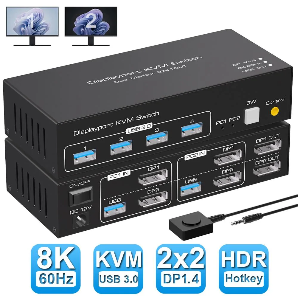 AUTYUE AUTYUE DP KVM 2-Port Dual Monitor 8K@60Hz 4K@120Hz USB 3.0 KVM Switch — product photo