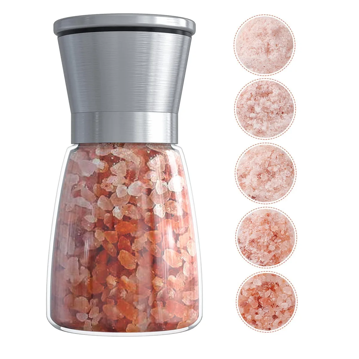 Silver glass spice mill with brushed steel cap, 5.3 inches tall