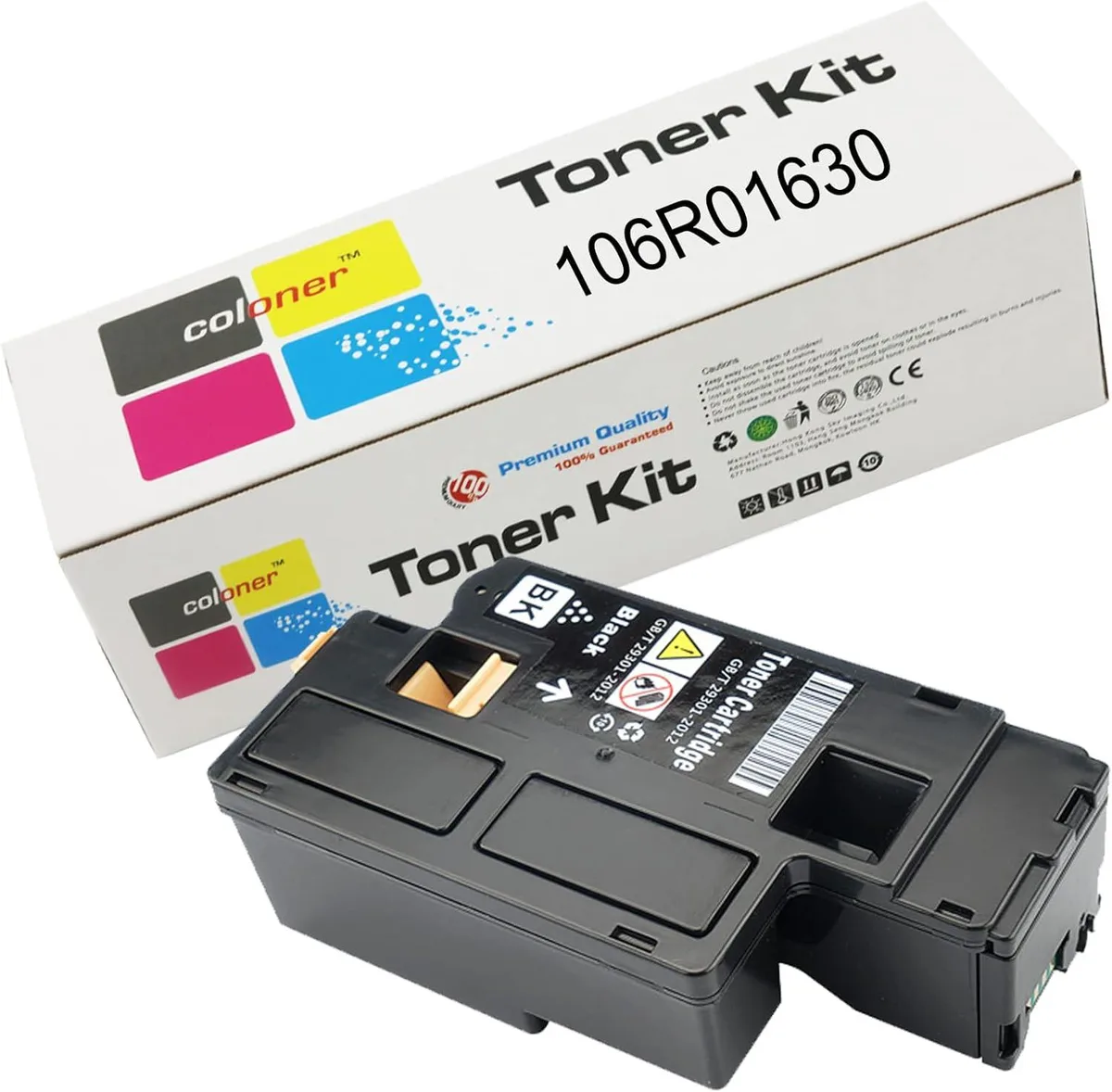 Black rectangular toner cartridge with green pull tab and smooth matte finish