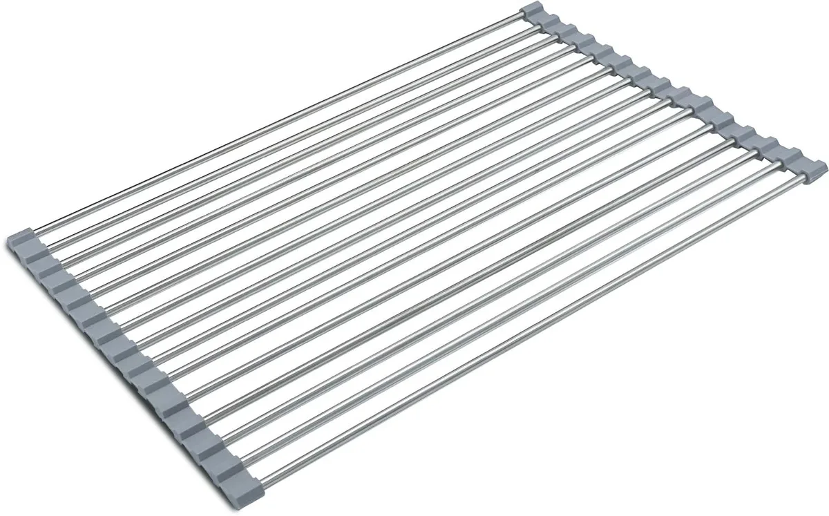 Stainless steel roll-up dish rack, 17.5 by 12 inches, gray finish