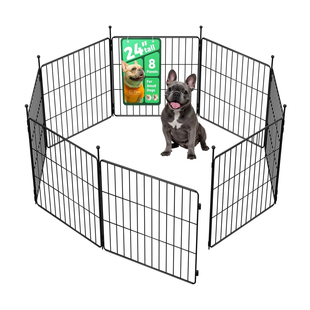 Black metal wire playpen, eight rectangular panels with ground stakes and rubber feet