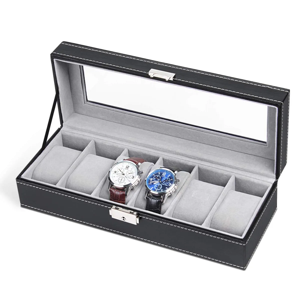 Black faux leather watch box with glass lid and six velvet cushions