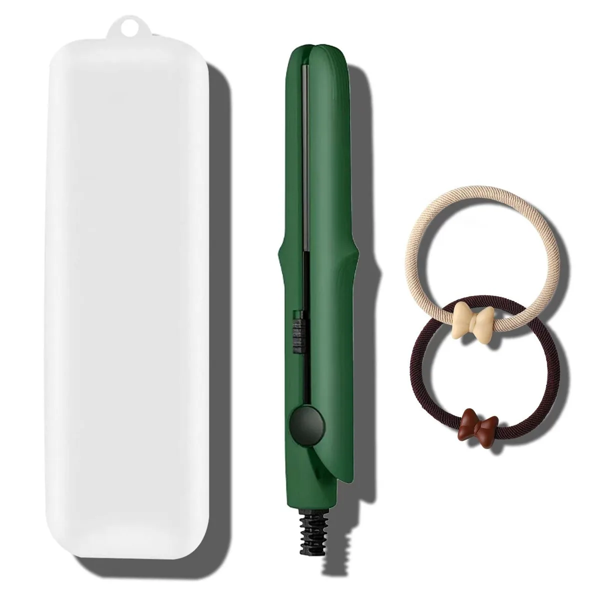 Small green curling iron with ceramic plates, dual curling wand and straightener design