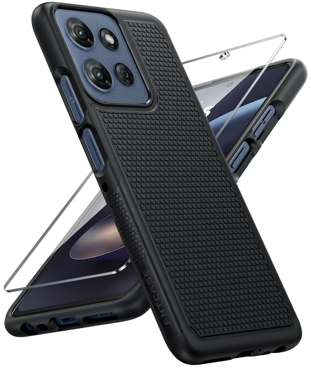 Black dual-layer phone case with textured matte finish and reinforced corners