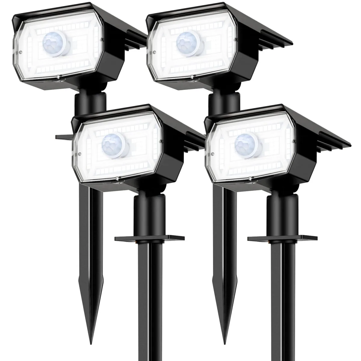 Four black resin solar spotlights with 56 LEDs each, rectangular shape, matte finish