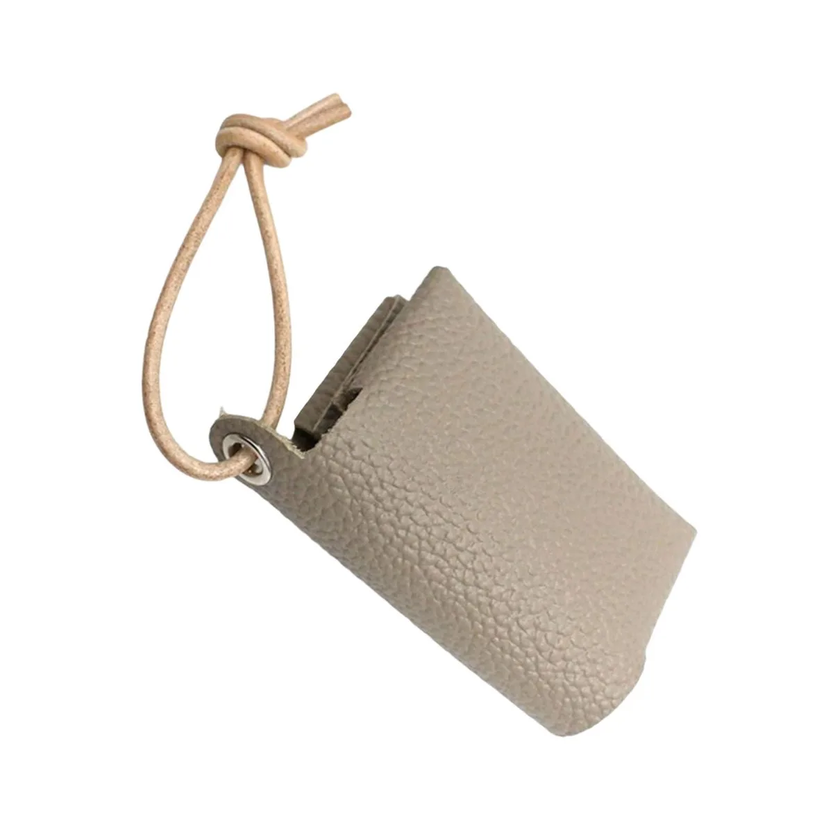 Grey PU leather tissue holder with adjustable cord, folded compact