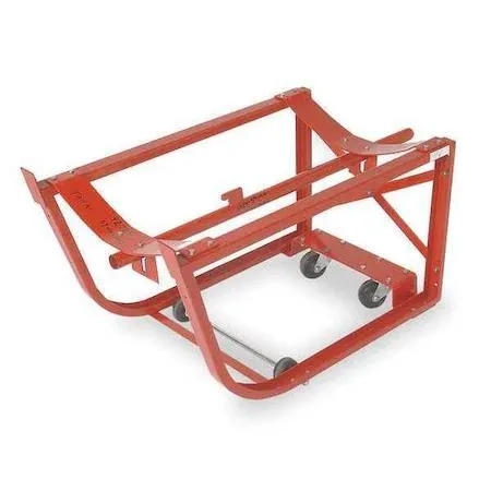 Red powder-coated steel drum cradle with two swivel casters and strap